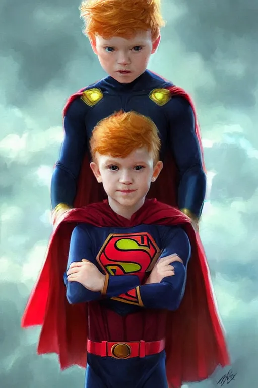 Image similar to a little boy with a michievous face and ginger hair. he is dressed as a superhero. clean elegant painting, beautiful detailed face. by artgerm and greg rutkowski