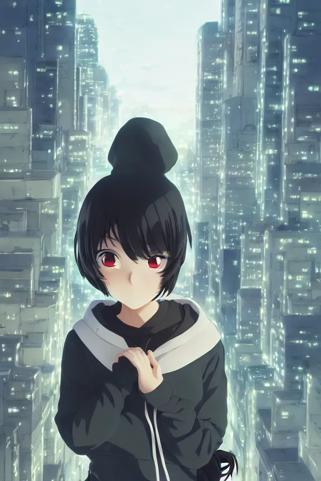 Image similar to anime visual, portrait of a young black haired girl wearing hoodie sightseeing above the city, guardrail, cute face by yoh yoshinari, katsura masakazu, dramatic lighting, dynamic pose, dynamic perspective, strong silhouette, ilya kuvshinov, anime cels, rounded eyes, moody