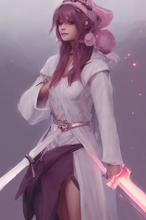 Image similar to 3 / 4 portrait of a cute white mage with a staff, soft, pink, artgerm and and greg rutkowski, trending on artstation