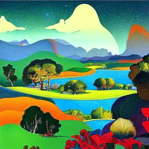 Image similar to A beautiful computer art of a landscape. It is a stylized and colorful view of an idyllic, dreamlike world with rolling hills, peaceful looking animals, and a flowing river. The scene looks like it could be from another planet, or perhaps a fairy tale. by Joe Shuster amorphous, angular