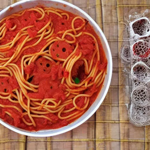 Prompt: Tripophobia spaghetti, holes, flesh, scary, phobia