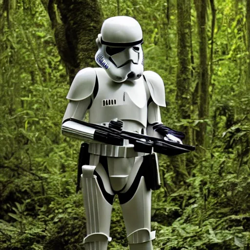 Image similar to a scout trooper, in the jungle, star wars, film still, panavision panaflex