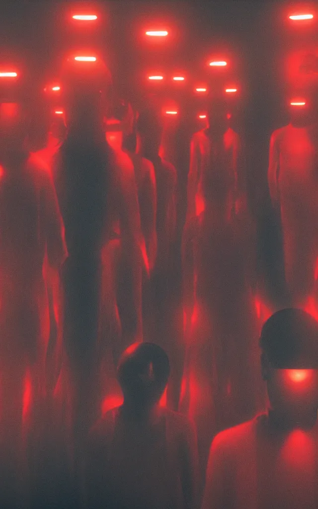 Prompt: a group of people with red lights instead of faces, in a dark room, an ultrafine detailed painting by victor mosquera, les automatistes, reimagined by industrial light and magic, redshift