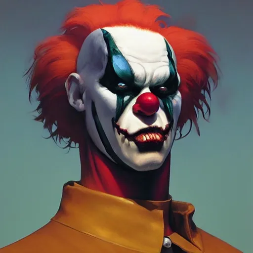 Image similar to 4k headshot portrait of Spawn clown from Macfarlane comics by Craig Mullins, ilya kuvshinov, krenz cushart, epic , artgerm trending on artstation by Edward Hopper and Dan Mumford and WLOP and Rutkovsky, beksinski carl spitzweg moebius and tuomas kocar, intricate artwork by caravaggio, Unreal Engine 5, Lumen, Nanite , 4K headshot of godlike clown with defined arms and open hands and bloody clothes with giant mandala wings , intricate face , flawless anime cel animation by Kentaro Miura, psychedelic , highly detailed upper body , professionally post-processed , beautiful, scary, symmetry accurate features, epic, octane rendered, anime masterpiece, accurate