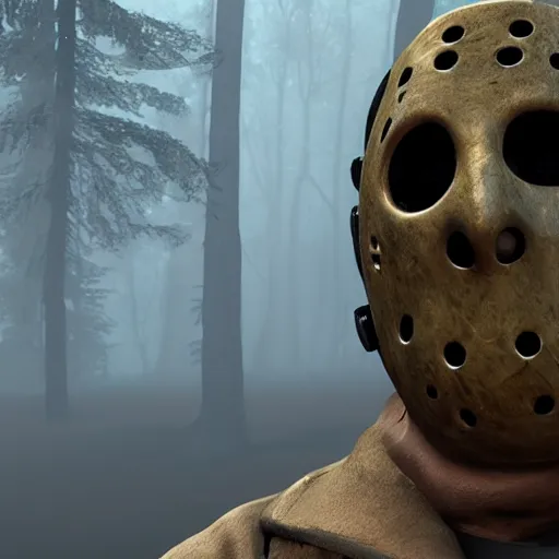 Image similar to Jason Voorhees in the woods unreal engine 5 4K detail