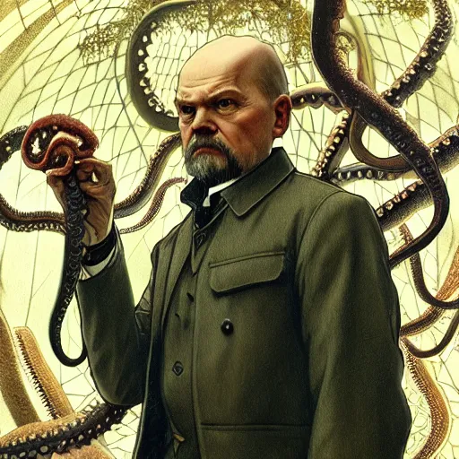 Prompt: photo of vladimir lenin is an octopus in the forest, highly detailed, digital painting, artstation, smooth, sharp focus, illustration, art by artgerm and greg rutkowski and alphonse mucha