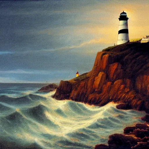 Prompt: painting of a lighthouse on the edge of a cliff overseeing a vast ocean, complex, detailed