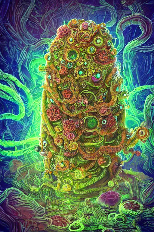 Image similar to creature sushi roots cactus elemental flush of force nature micro world fluo light deepdream a wild amazing steampunk baroque ancient alien creature, intricate detail, colorful digital painting radiating a glowing aura global illumination ray tracing