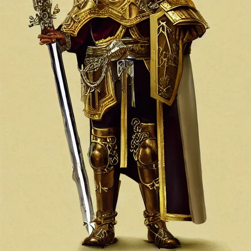 Image similar to man in decorated with gold in baroque style crusader armor, helmet and white cape with cross on it holding decorated with gold sword on it standing at the gates of jerusalem drawn by greg rutkowski realistic high detail