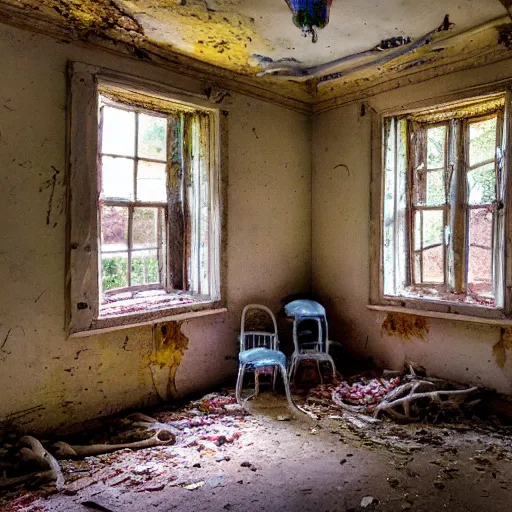 Image similar to abandoned cottage interior filled with iridescent jellyfish swarming lush coral