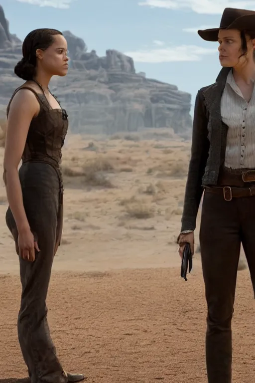 Image similar to Tessa Thompson and Evan Rachel Wood star in Disney's Westworld, Pixar movie screenshot