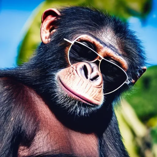 Prompt: high quality 8 k landscape photo of a smiling happy and wise chimpanzee wearing cool dark sunglasses looking up, ultra wide lens picture, detailed picture, cinematic composition, cinematic lighting, by edgar wright and david lynch