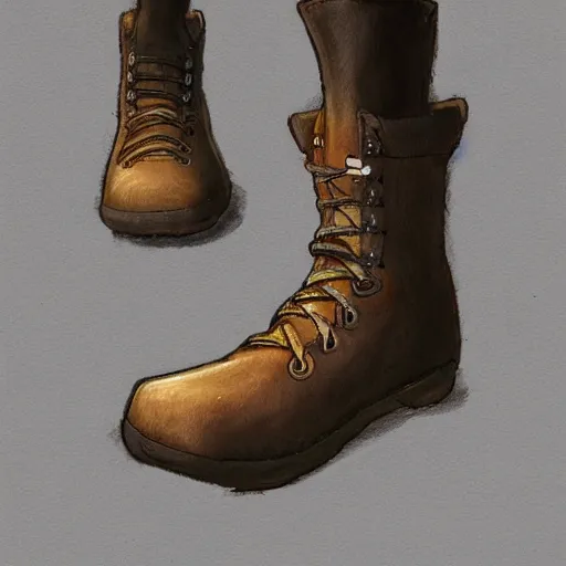 Prompt: a concept art of a well used brown leather boots for walking in the mountain