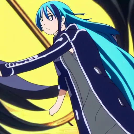 Prompt: rimuru tempest from that time i got reincarnated as a slime wearing a black trench coat, standing heroically beneath the sun, low - angle shot, art nouveau