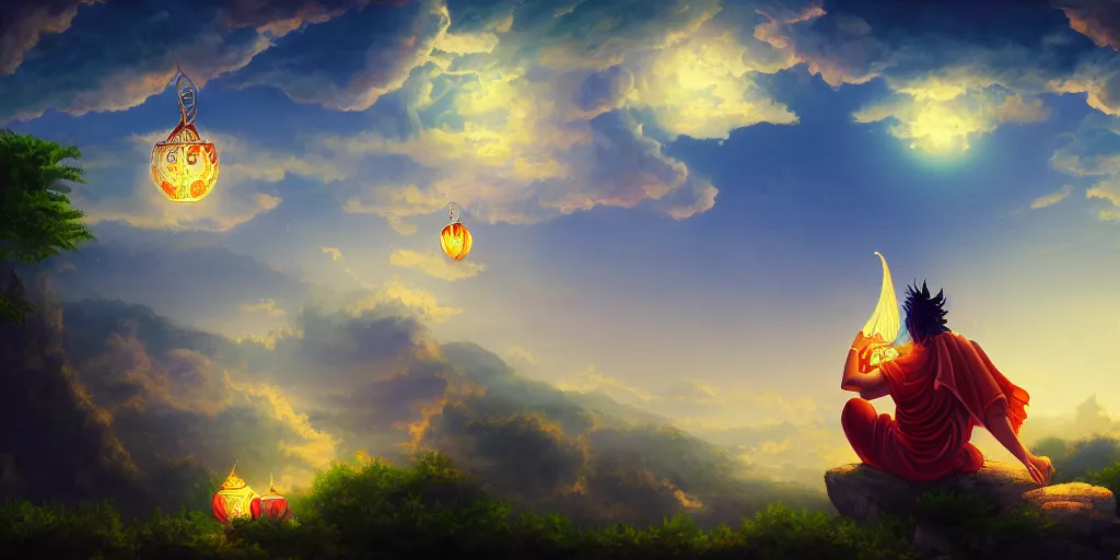 Image similar to painting of wind god enjoying the view from his stone heavenly palace, decorated with windchimes and paper lanterns, nature and clouds in background, digital art, trending on artstation