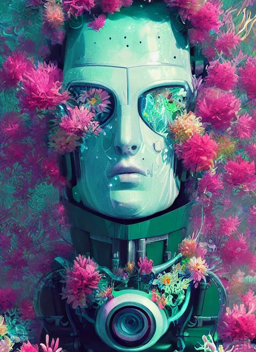 Prompt: closeup, underwater digital painting of a robot wearing a suit made of flowers, cyberpunk portrait by filip hodas, cgsociety, panfuturism, abstract expressionism, scribbles, made of flowers,!!! dystopian art, vaporwave