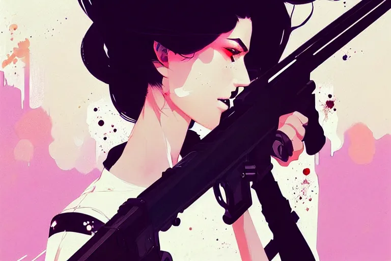 Image similar to a ultradetailed beautiful panting of a stylish woman shooting a rifle, by conrad roset, greg rutkowski and makoto shinkai, trending on artstation