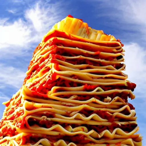 Prompt: a tower of lasagna to the sky