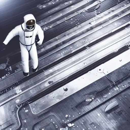 Image similar to mysterious man in silver space suit, walking on an industrial catwalk with stairs that lead nowhere, floating in deep space, 4 k photograph, isometric view