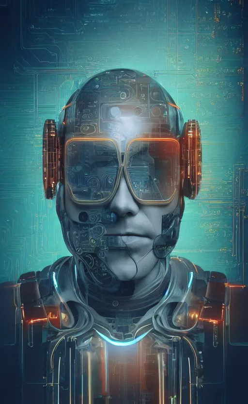 Image similar to a beautiful!! photo of a middle - aged!! bionic!! male!! cyborg, cyberpunk, circuit boards, electronic components, augmented vision, volumetric light, photography, dystopian, extremely detailed, photorealistic!, stunning, digital art trending on artstation, orange, cyan, washed out colors