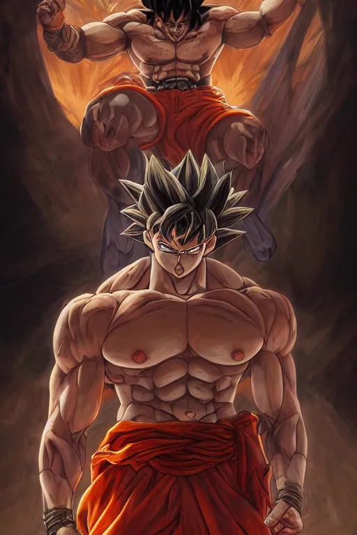 Image similar to portrait of goku as a herculian demon man, forest, full body, muscular, fantasy, intricate, elegant, highly detailed, digital painting, artstation, concept art, sharp focus, illustration, art by artgerm and greg rutkowski and alphonse mucha