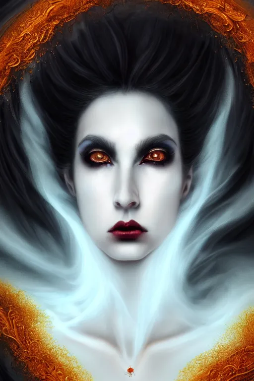 Image similar to bust of a prince of darkness , long hairs, gradient black red, dreamy and ethereal, orange eyes, golden ratio, vicious expression, ornate frilly suit,cloudy ghostly aspect, beautiful, dark fantasy, intricate, elegant, rainbow bubbles, highly detailed, digital painting, artstation, concept art, smooth,b sharp focus, illustration, black background art by artgerm and greg rutkowski and alphonse mucha