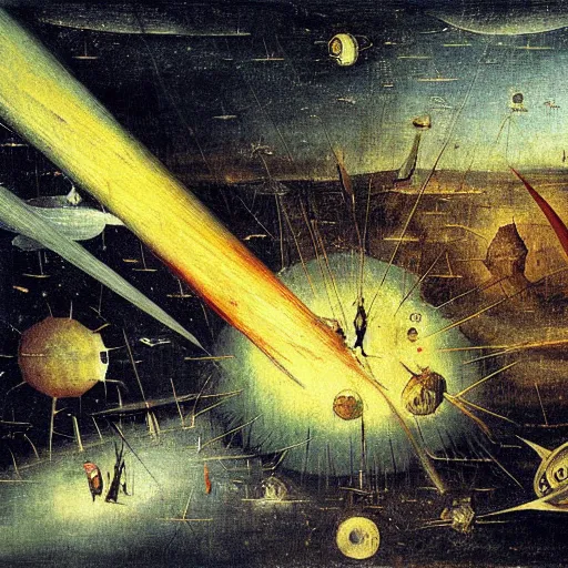 Prompt: A painting of a spaceship burning as it enters Earth's atmosphere, Hieronymus Bosch, sharp, colorful, detailed