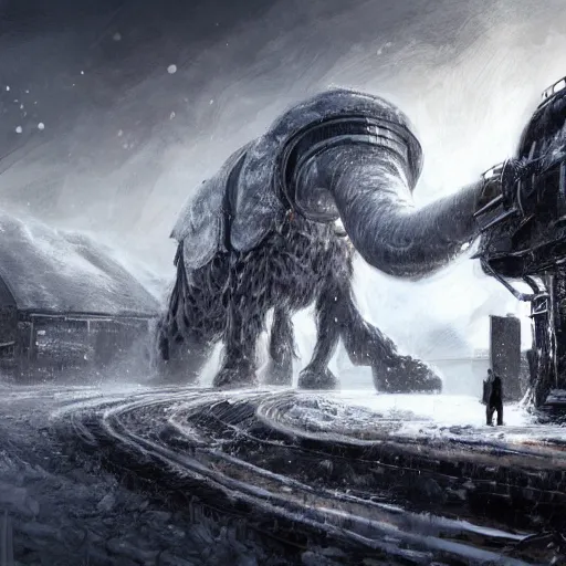 Image similar to an intricate futuristic black steam train and a giant mammoth, post - apocalyptic ice landscape with heavy snow, concept art, artstation, highly detailed, digital art