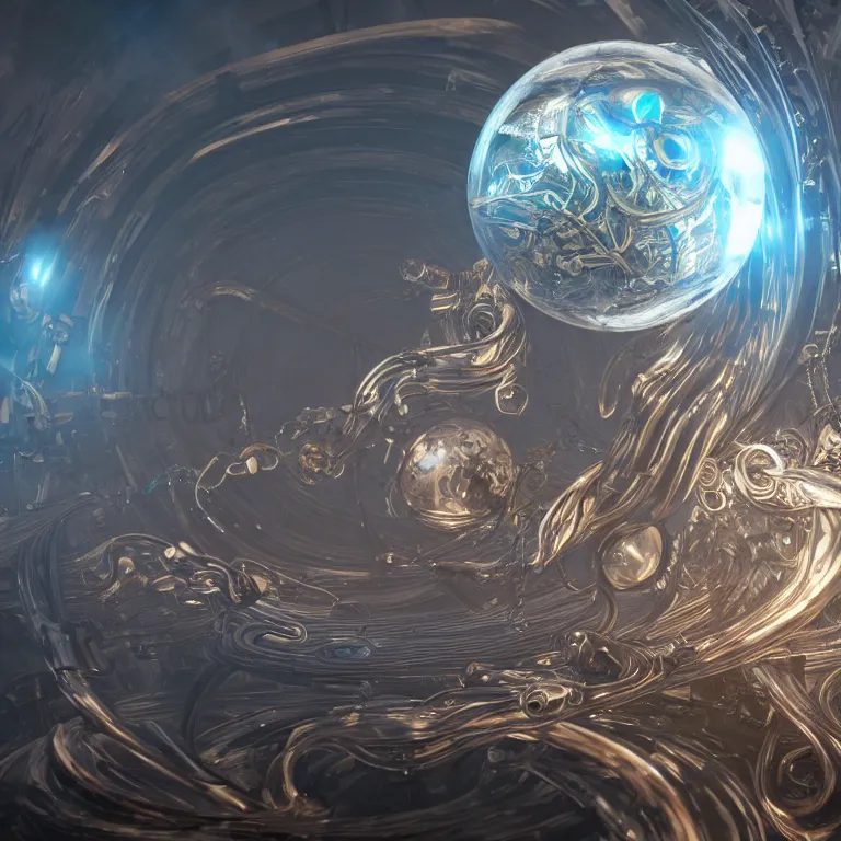 Image similar to swirling abstract cyborg parts and bio - mechanical tendrils and ornate flowing smoke streams and liquid light streaks surround a small metallic sphere, cinematic, unreal engine