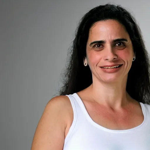 Image similar to Ayelet Shaked sad and hopeful, in a white tank top, smooth skin, symmetrical face. hd.