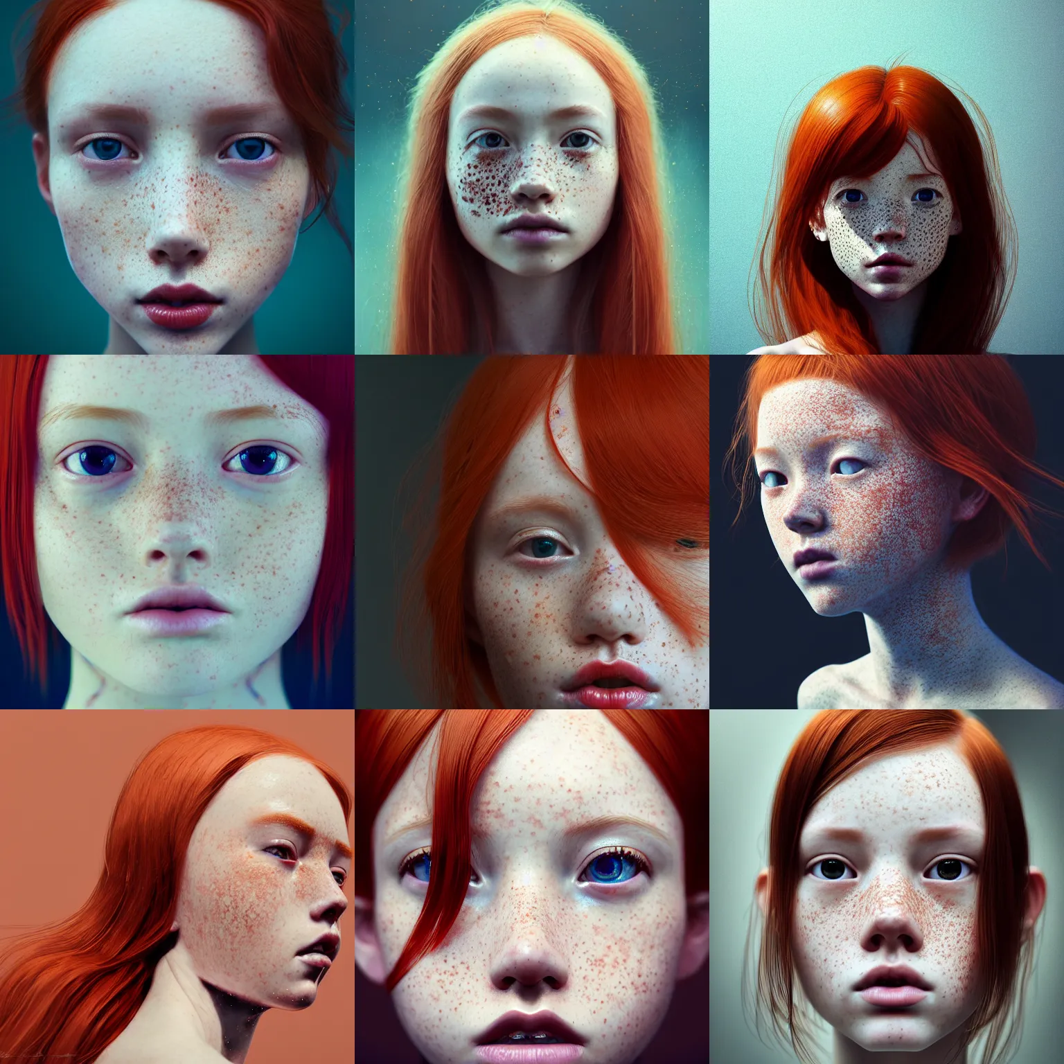 Prompt: portrait of a redheaded petite girl with freckles. intricate abstract. intricate artwork, by Tooth Wu, wlop, beeple, dan mumfor, greg rutkowski, trending on artstation, very coherent symmetrical artwork, perfect face, 35 mm, cinematic, hyper realism, high detail, octane render, 8k, chrome accents