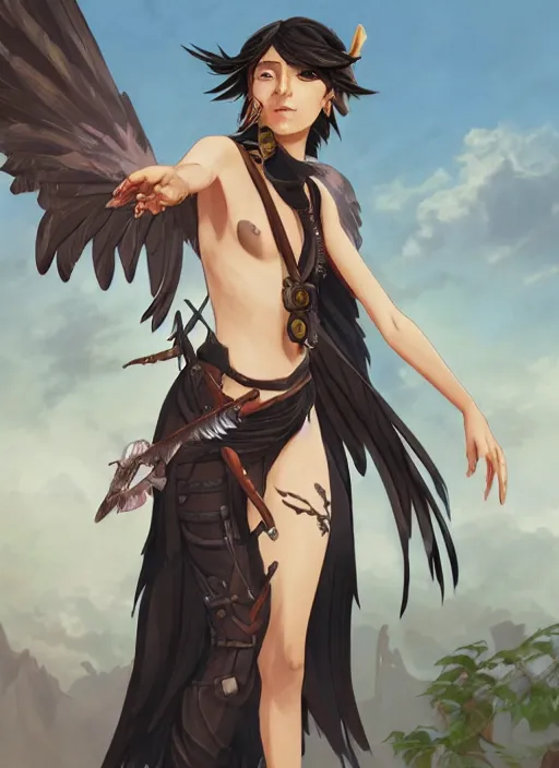 Image similar to concept art painting of a harpy pathfinder strix with black feathers, androgynous, pirate clothes, detailed, realistic, cel shaded, in the style of makoto shinkai and james gurney and alphonse mucha and greg rutkowski and artgerm
