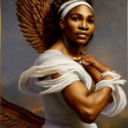 Image similar to Portrait of Serena Williams with wings as Nike Goddess, large wings, luxuriant, dreamy, eternity, romantic, strong pose, highly detailed, in the style of Franz Xaver Winterhalter, highly detailed, in the style of Aetherpunk