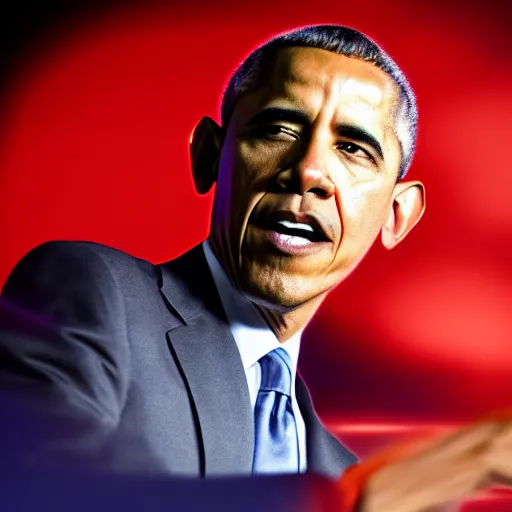 Image similar to Obama red flashlight glowing eyes, flames are burning behind Obama, 40nm lens, 4k,