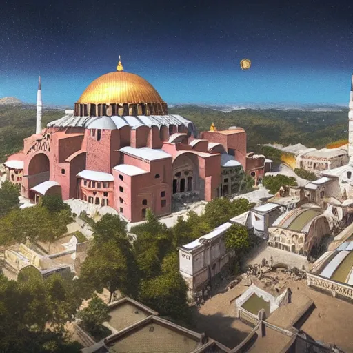 Image similar to a highly detailed painting of the hagia sophia and the done of the rock in a vaporwave style, ultrawide lense, aerial photography, unreal engine, exquisite detail, 8 k, art by greg rutkowski and alphonse mucha