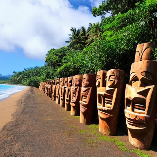 Prompt: a row of tikis next to a road in Hanalei