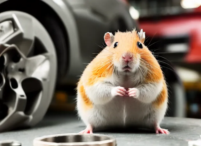 Image similar to film still of a hamster working as a mechanic in an auto shop, 8 k