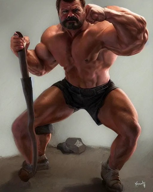 Prompt: gigachad ron swanson bodybuilder holding a hammer in final fight office by ilya kuvshinov, ernest khalimov body by krista sudmalis, fantasy character portrait, ultra realistic, concept art, intricate details, elegent, digital painting, smooth, sharp focus, illustration, art by artgerm and greg rutkowski and alphonse mucha, artstation