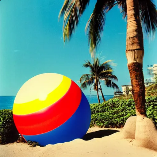 Image similar to noisy color photograph of an underground retrofuturist liminal space, staggered terraces, lonely palm tree next to a beach ball, deformations, minimalist, cinematic, soft vintage glow