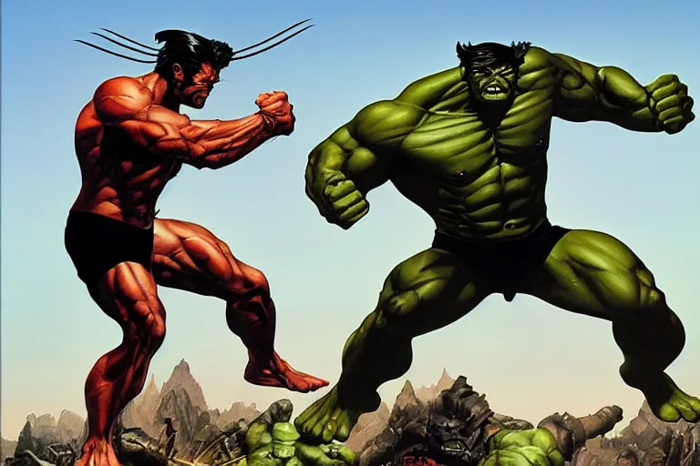 Prompt: Wolverine fighting the Hulk by Frank Frazetta and by Joe Jusko and by Alex Ross, oil painting, detailed, proportional, trending on art station, 4k