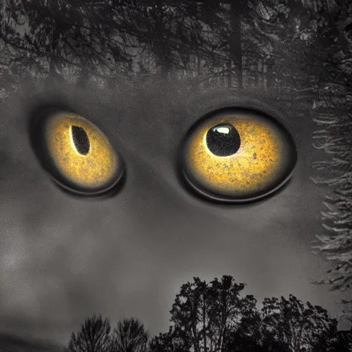 Image similar to Giant eyes staring out of the treeline at night, creepy, dark, ominous