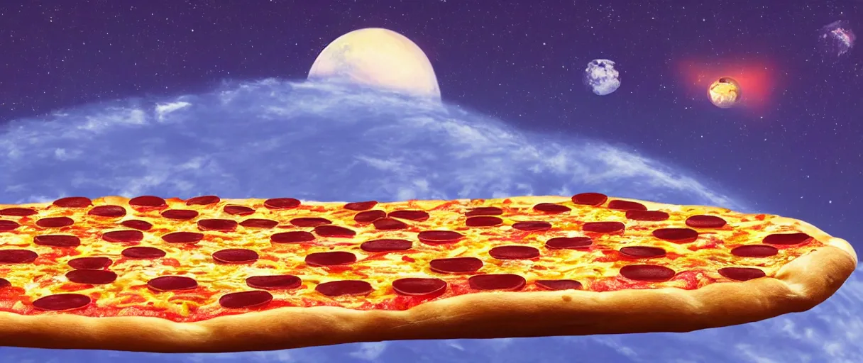 Prompt: huge pizza floating above the earth, high detail, vaporwave, synthwave, 8 k, hd, colorful