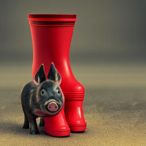 Image similar to digital art of a baby pig wearing red rainboots, 8 k render, octane render, saturated