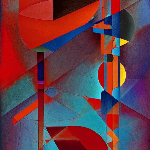 Prompt: the brittle. digital painting, vertical, intricate, beautiful, detailed, grunge, illustration, abstract art by georgia o'keeffe and el lissitzky and malevich and kandinsky, trending on artstation. blue, dark red and dark purple color scheme, gradient darker to bottom