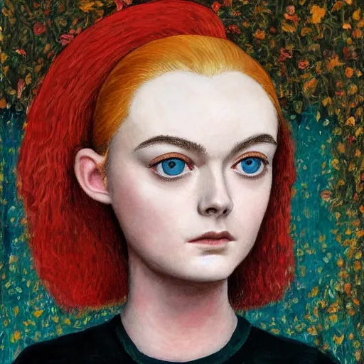 Image similar to professional painting of Elle Fanning in the style of Mordecai Ardon, head and shoulders portrait, symmetrical facial features, smooth, sharp focus, illustration, intricate, stormy weather, extremely detailed masterpiece,