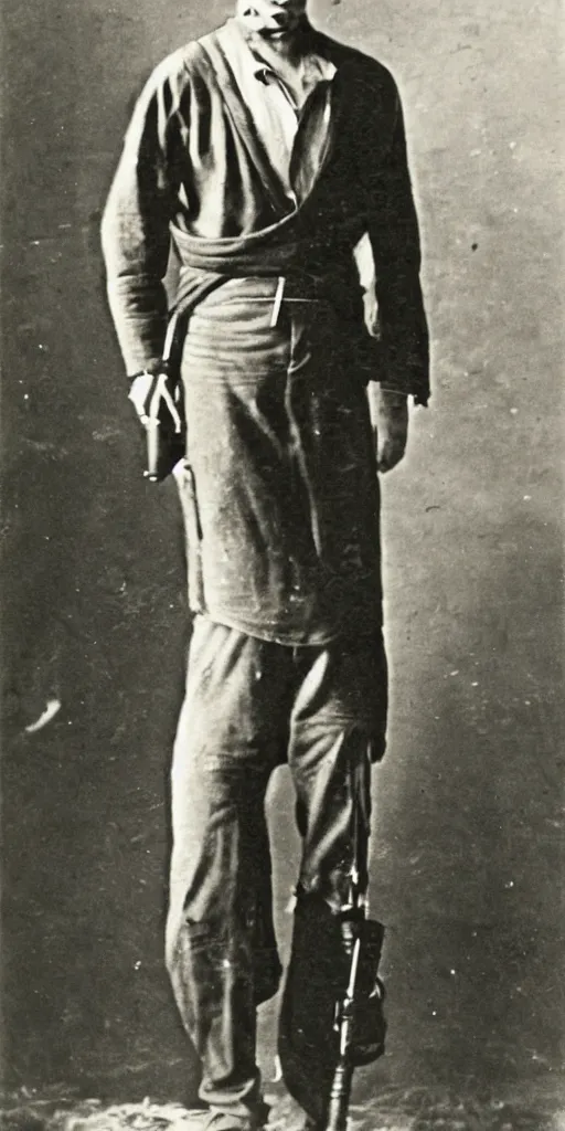 Prompt: full body portrait of lion gun man on wild west, vintage 20s photograph