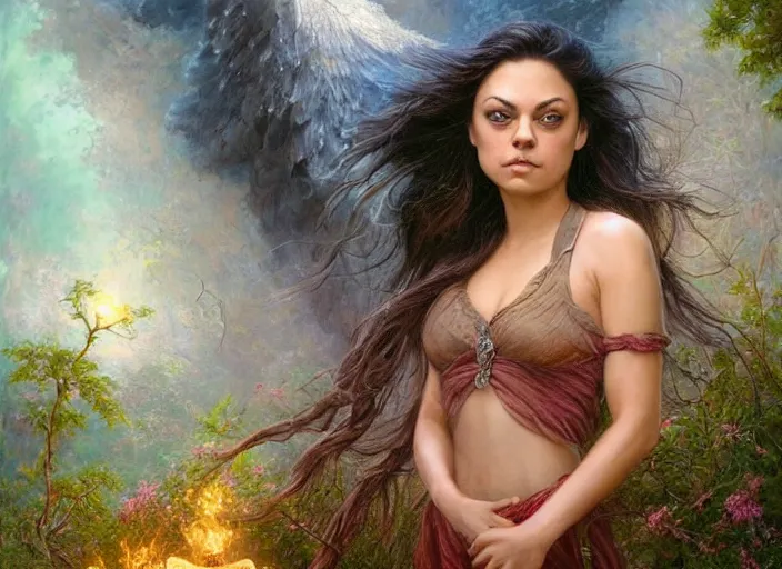 Image similar to Mila Kunis staring into the camera, misty wisps, Lilia Alvarado, Sophie Anderson, Mark Arian, Bob Byerley, Charlie Bowater, Mark Brooks, Steve Henderson, Justin Gerard, Arthur Hughes, Edward Robert Hughes, Mark Keathley, Victor Nizovtsev, Carlos Shwabe, Ross Tran, WLOP