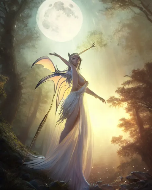 Image similar to attractive fairy goddness fly high in the night, d & d, fantasy, mist, full moon in background, trees, hyper detailed, art by artgerm and greg rutkowski and magali villeneuve, midium shot, 8 k realistic, cryengine, digital painting, trending on artstation, concept art, sharp focus, illustration,