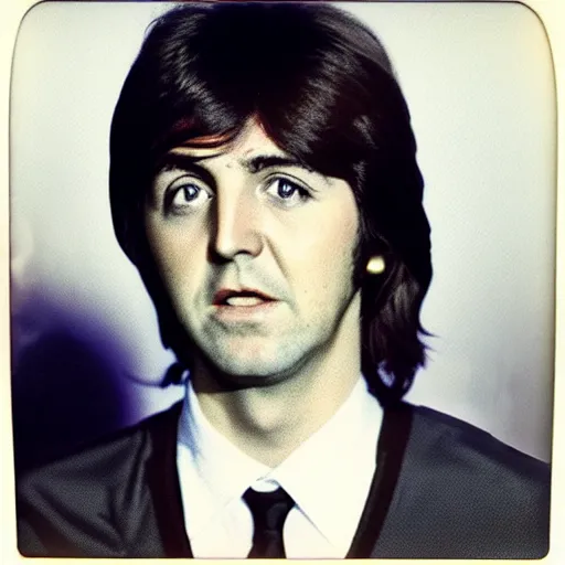 Prompt: Polaroid Portrait of a younger 1970s Paul McCartney, taken in the 1970s, photo taken on a 1970s polaroid camera, grainy, real life, hyperrealistic, ultra realistic, realistic, highly detailed, epic, HD quality, 8k resolution, body and headshot, film still, front facing, front view, headshot and bodyshot, detailed face, very detailed face, by Andy Warhol