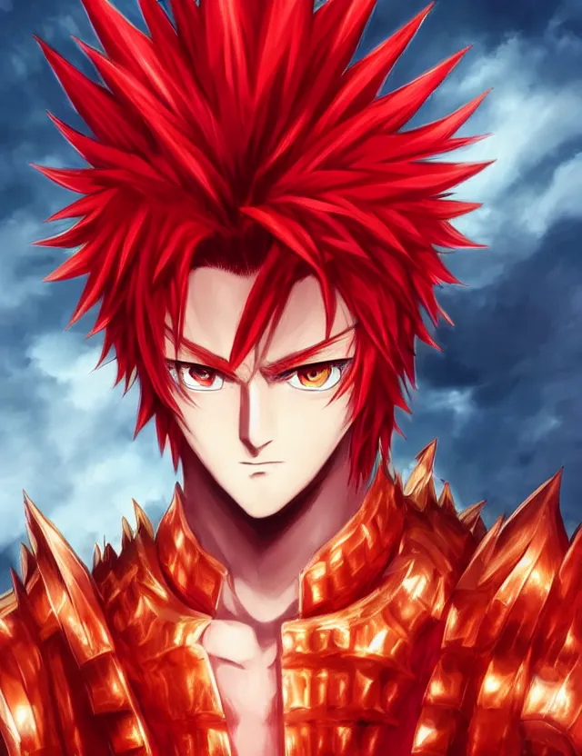 Image similar to a detailed manga portrait of a handsome tall man with spiked crimson hair in fiery crimson crystalline armour, trending on artstation, digital art, 4 k resolution, detailed, high quality, sharp focus, hq artwork, coherent, insane detail, character portrait